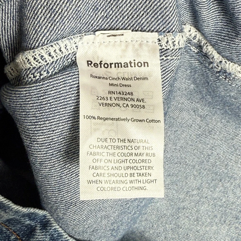 Reformation Roxanna Cinch Waist Denim Mini Dress‎ Blue Button Front Size 6 - Picture 7 of 9